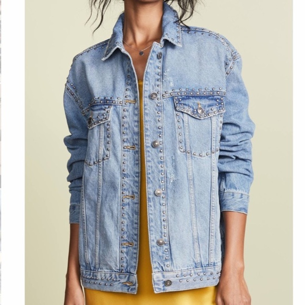 Free People Studded Denim Trucker Jacket in Blue